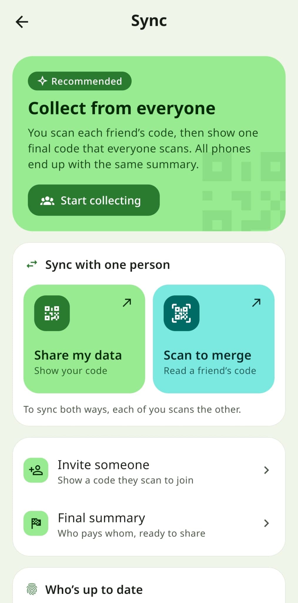 Two phones syncing by scanning a QR code, with a short code confirming both sides match
